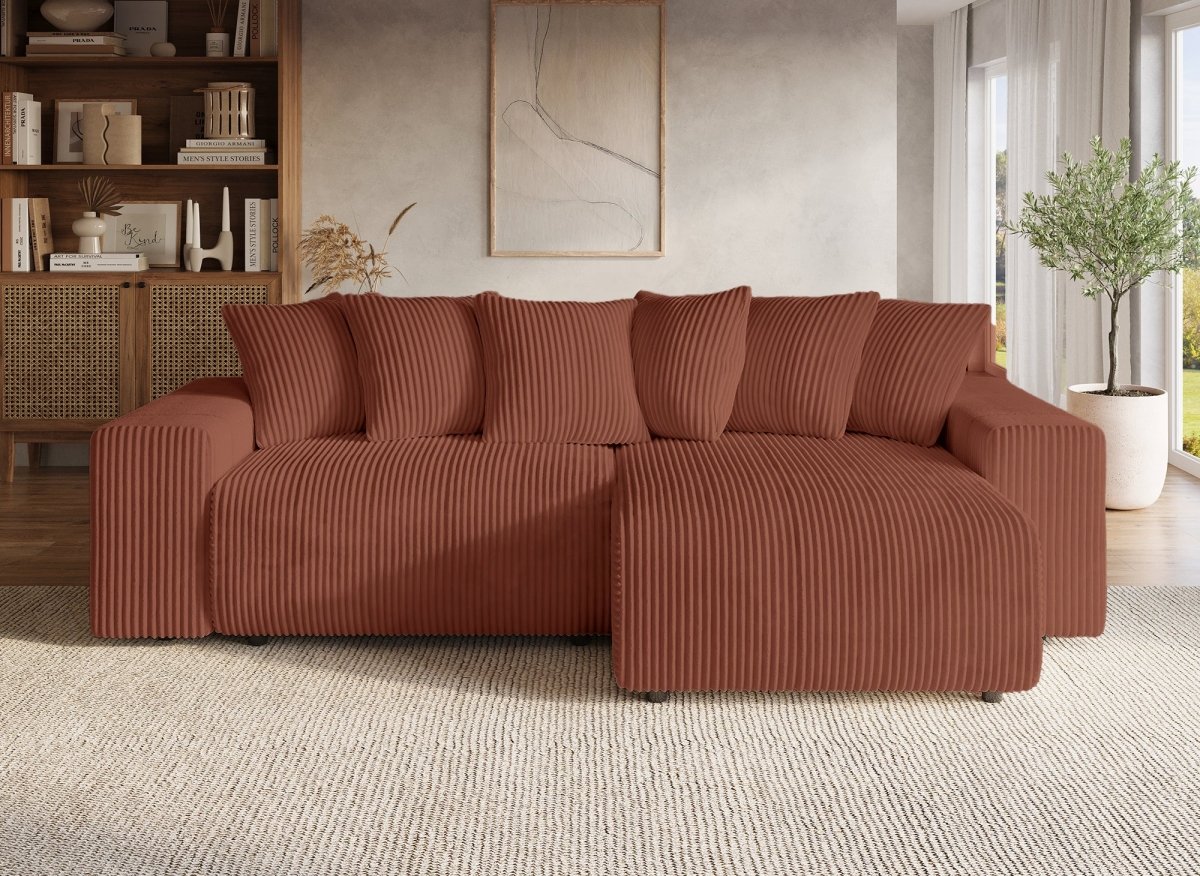 Canapé d'angle réversible convertible avec coffre en velours côtelé épais terracotta NOELIA - DécoInParis