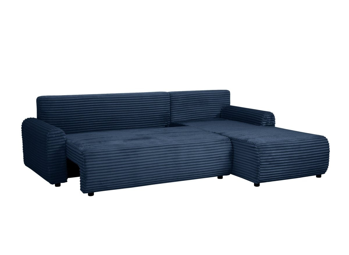 Canapé d'angle réversible et convertible avec coffre en velours côtelé épais bleu foncé KATIA - DécoInParis