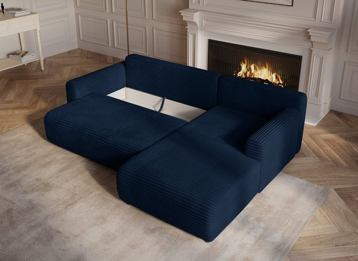 Canapé d'angle réversible et convertible avec coffre en velours côtelé épais bleu foncé KATIA - DécoInParis