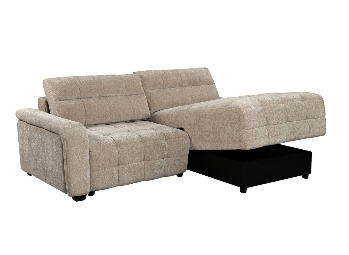 Canapé d'angle réversible et convertible avec coffres en velours tissé taupe LAUREANE - DécoInParis