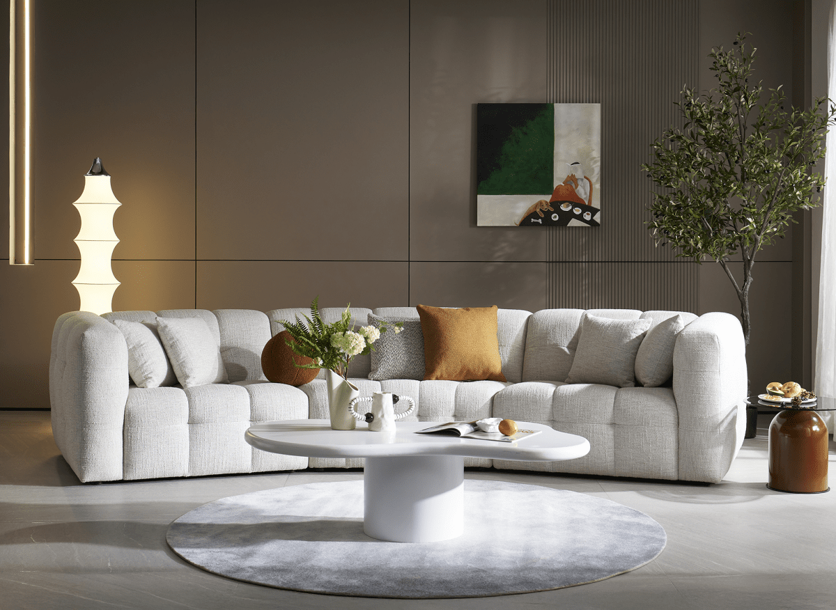 Canapé droit fixe 5 places en velours texturé beige ARELIA - DécoInParis