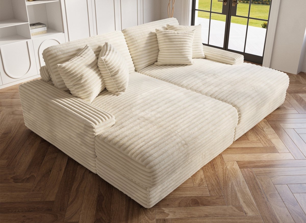 Canapé droit méridienne 2 places en gros côtelé doux beige DAHO - DécoInParis