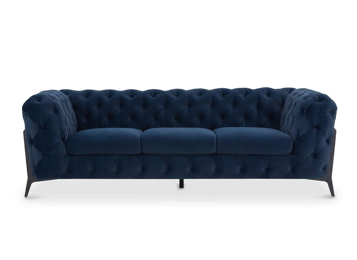 Canapé fixe 3 places capitonné chesterfield velours bleu CARMEN - DécoInParis