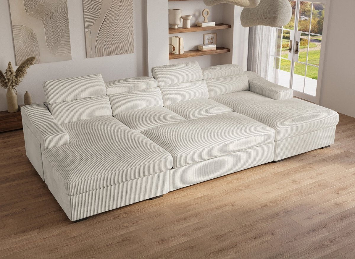 Canapé panoramique convertible avec 2 coffres en velours côtelé épais beige VELORA - DécoInParis