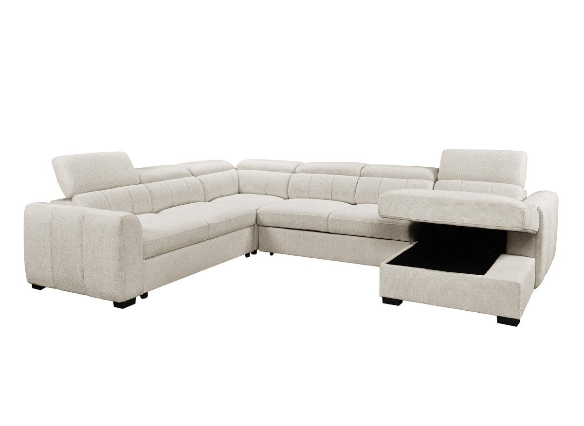 Canapé panoramique convertible avec coffre en tissu texturé beige NAJAH - Angle droit - DécoInParis