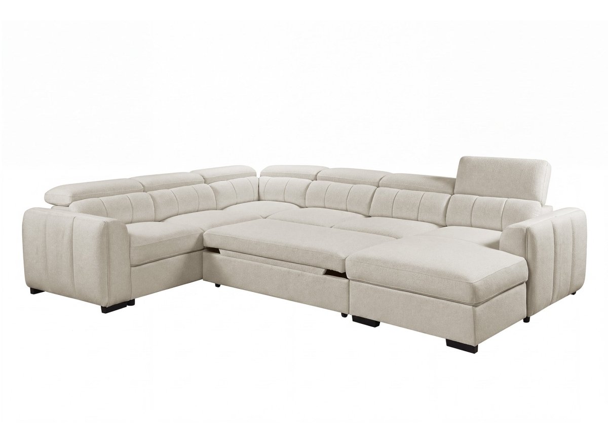 Canapé panoramique convertible avec coffre en tissu texturé beige NAJAH - Angle droit - DécoInParis