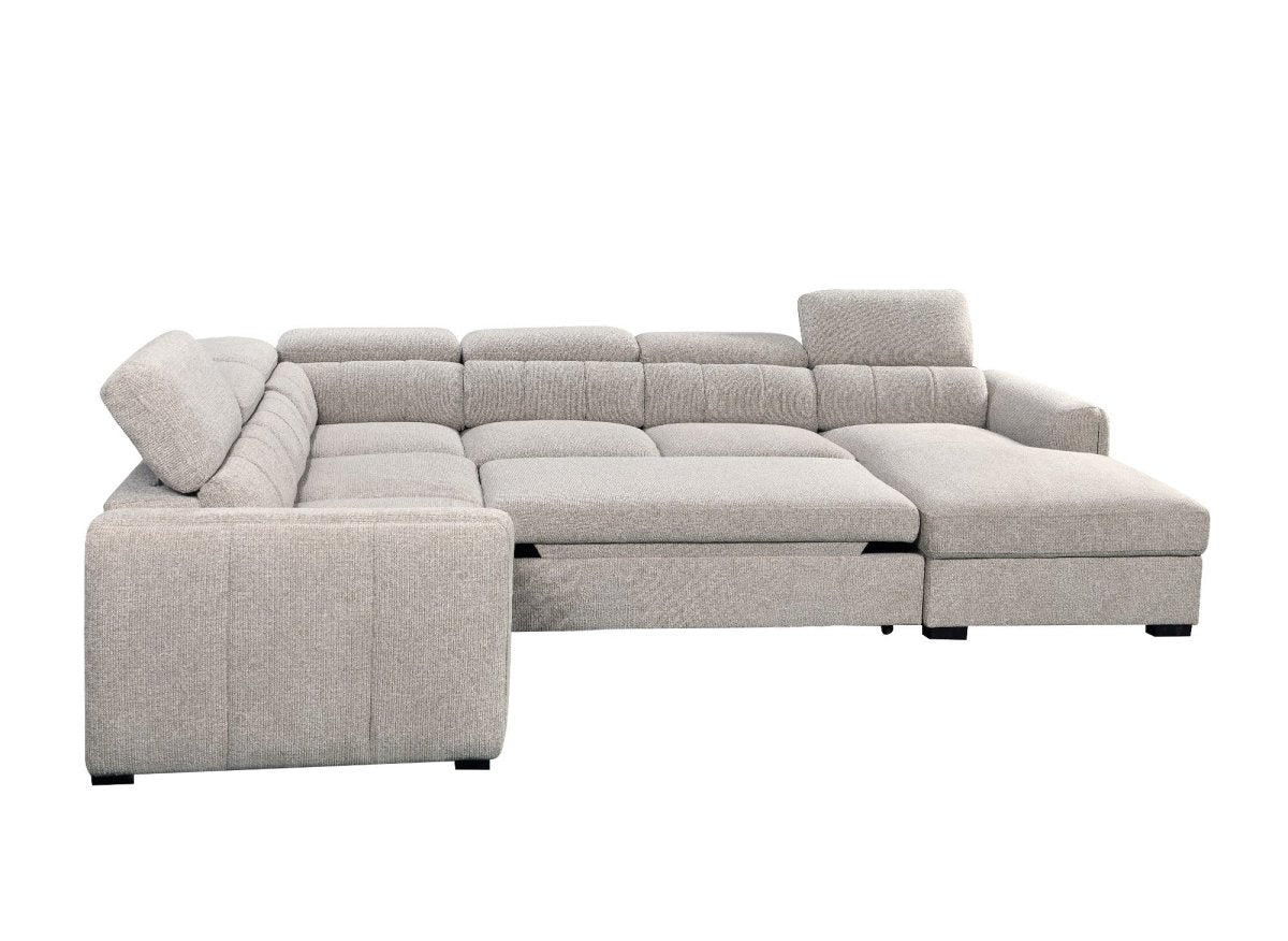 Canapé panoramique convertible avec coffre en tissu texturé taupe NAJAH - Angle droit - DécoInParis