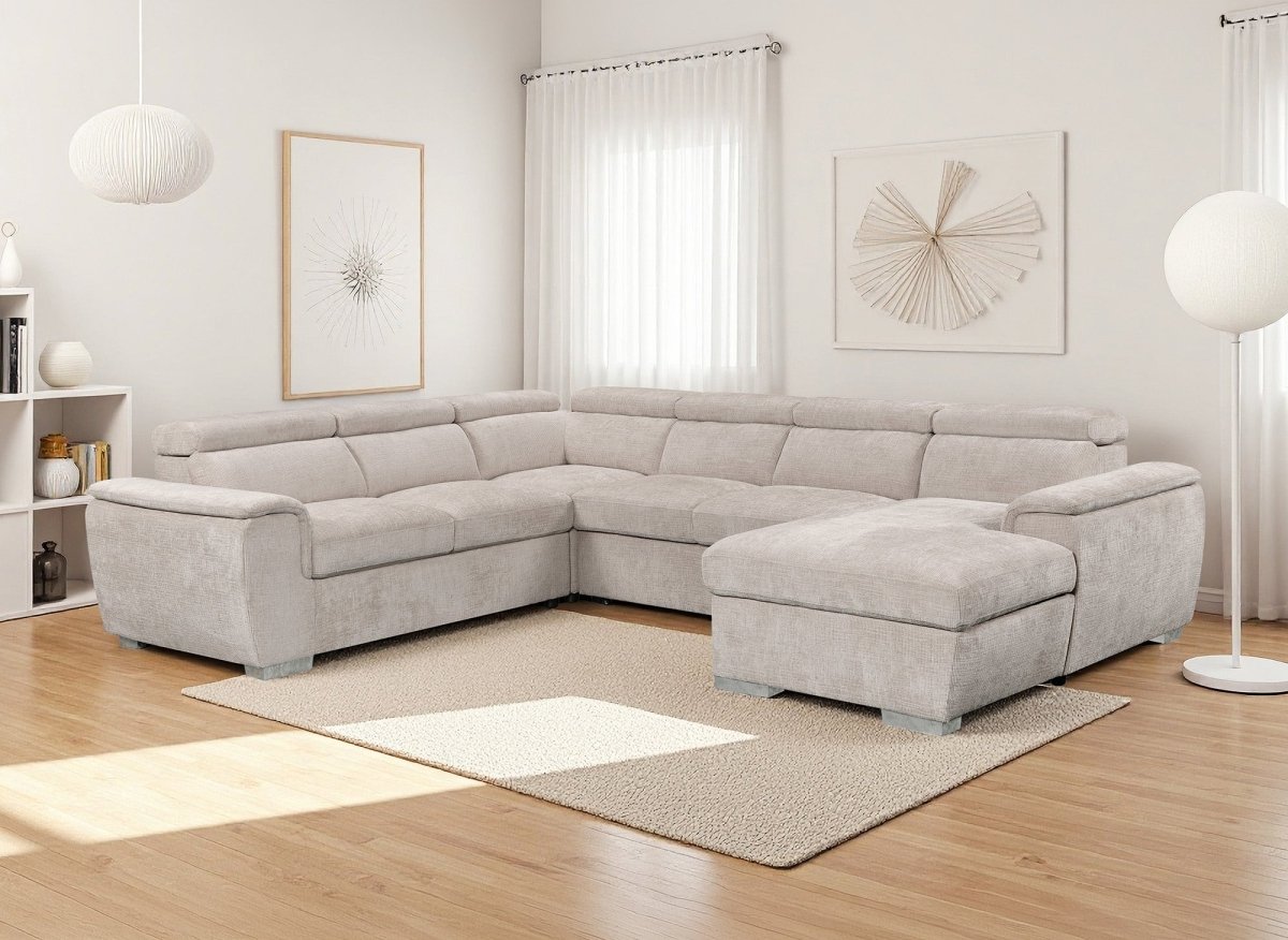 Canapé panoramique convertible avec coffre en velours chiné beige GAELLE - Angle droit - DécoInParis