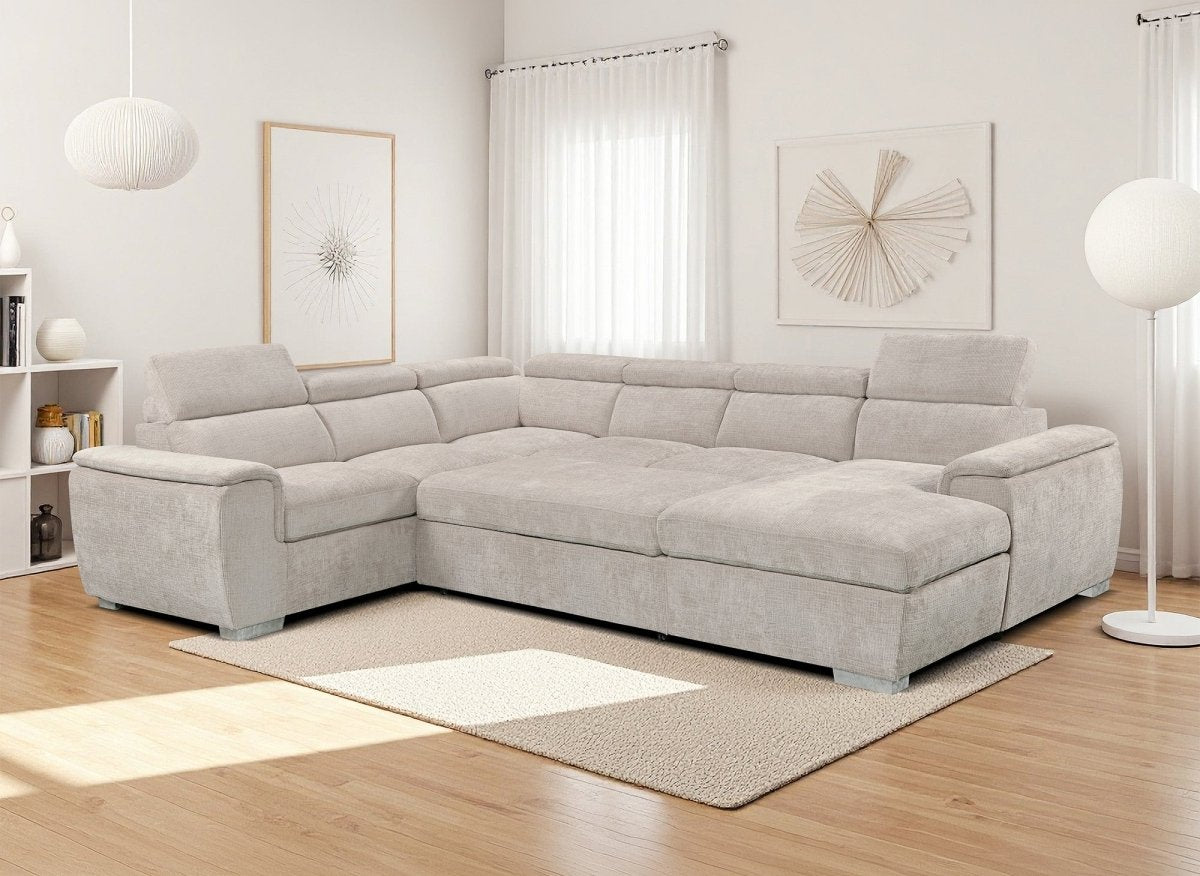 Canapé panoramique convertible avec coffre en velours chiné beige GAELLE - Angle droit - DécoInParis