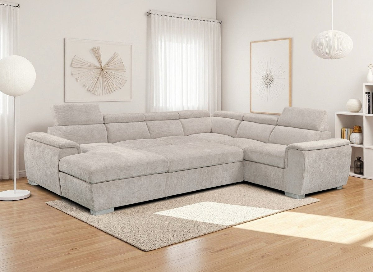Canapé panoramique convertible avec coffre en velours chiné beige GAELLE - Angle gauche - DécoInParis