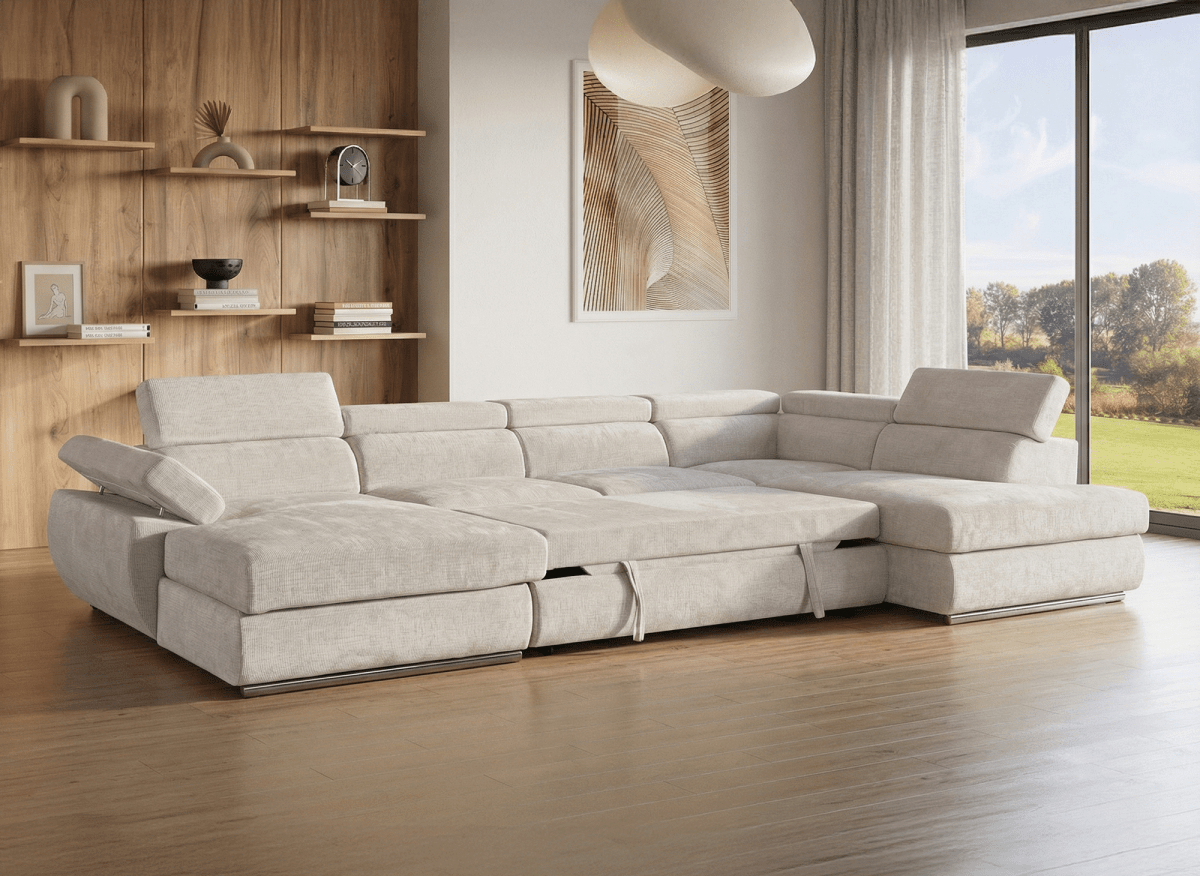 Canapé panoramique convertible avec coffre en velours chiné beige MARIANO - Angle gauche - DécoInParis