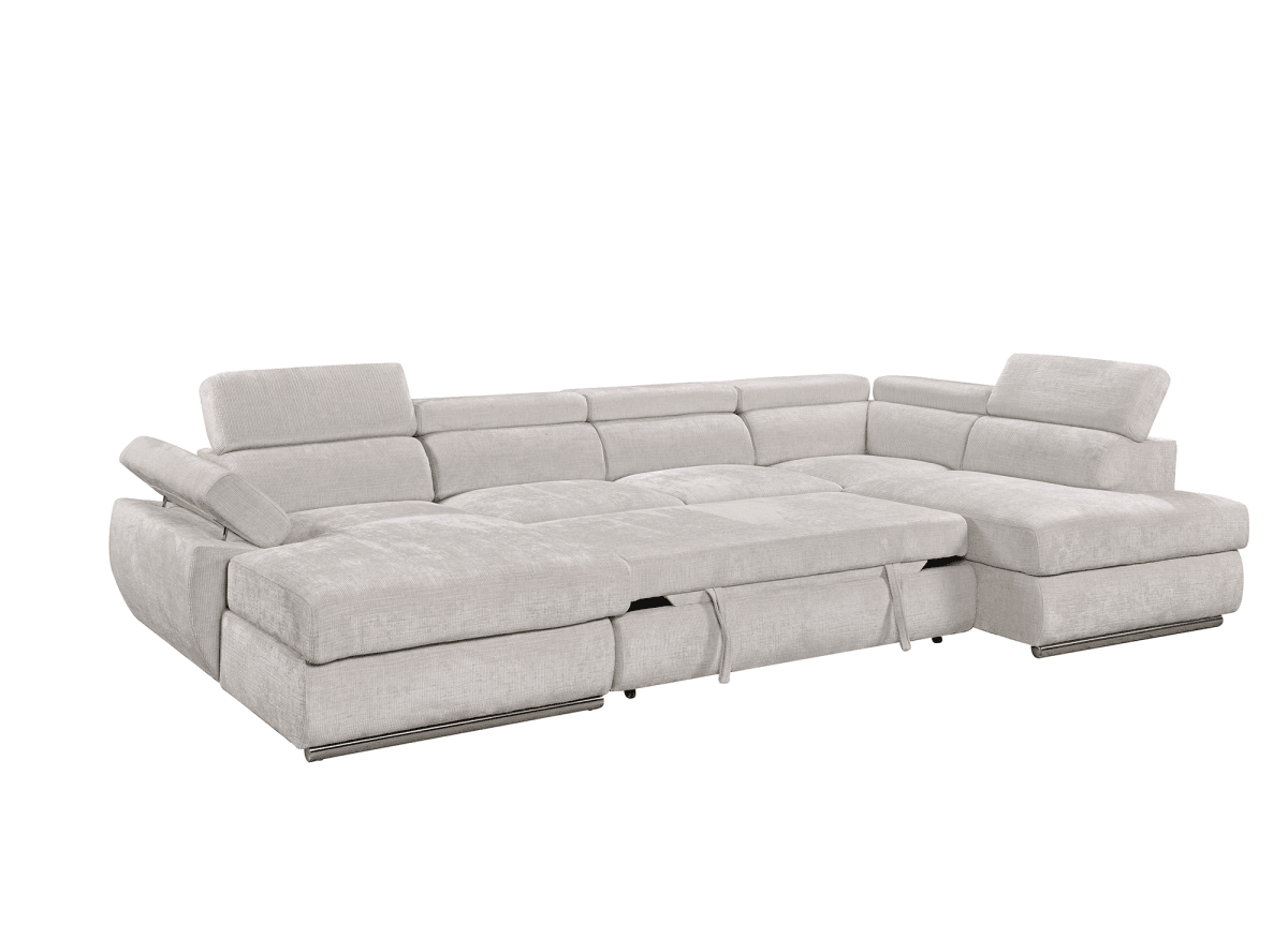 Canapé panoramique convertible avec coffre en velours chiné beige MARIANO - Angle gauche - DécoInParis