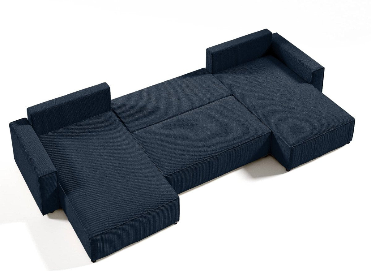 Canapé panoramique convertible avec coffre en velours cotelé bleu foncé - JADE - DécoInParis