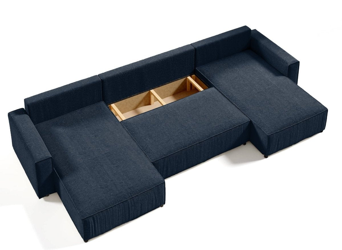 Canapé panoramique convertible avec coffre en velours cotelé bleu foncé - JADE - DécoInParis