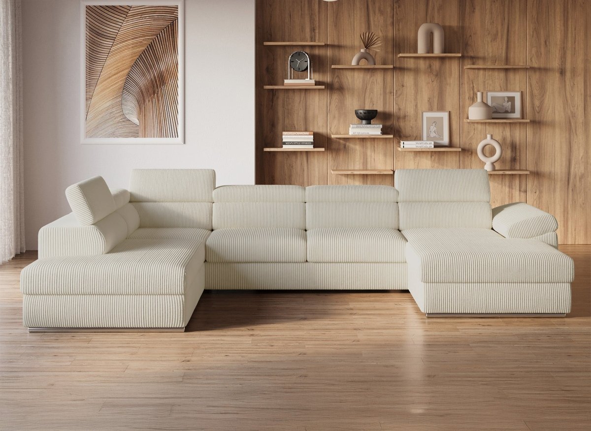 Canapé panoramique convertible avec coffre en velours côtelé épais beige MARIANO - Angle droit - DécoInParis