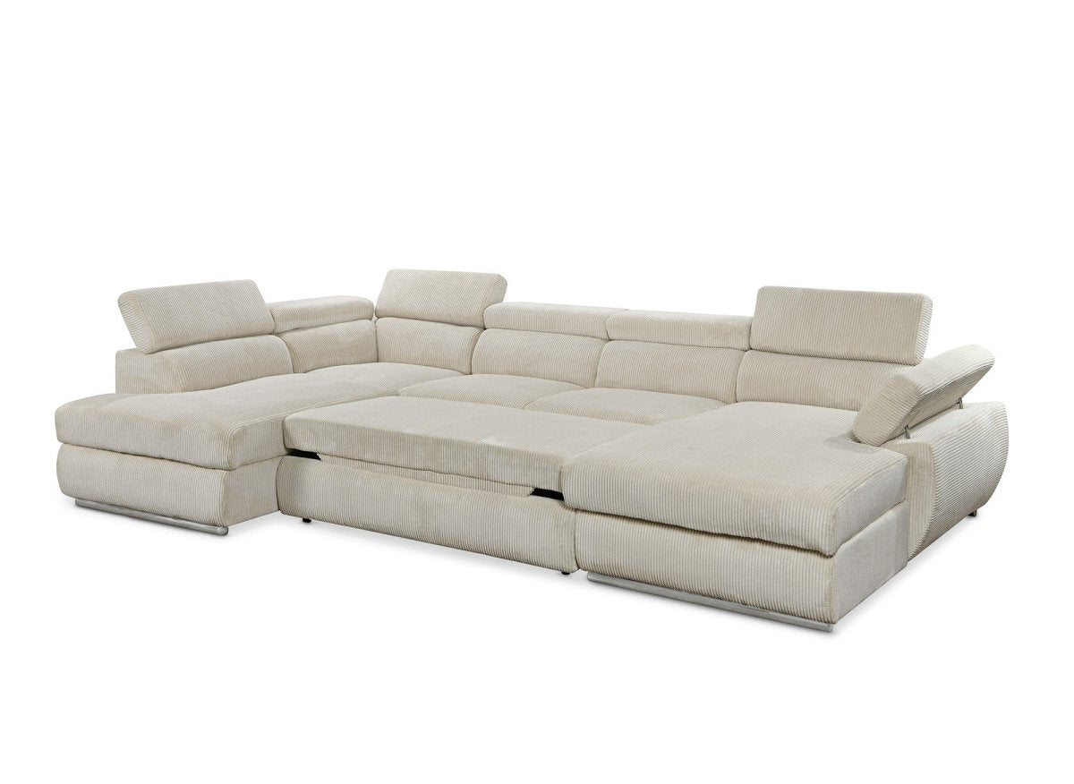 Canapé panoramique convertible avec coffre en velours côtelé épais beige MARIANO - Angle droit - DécoInParis