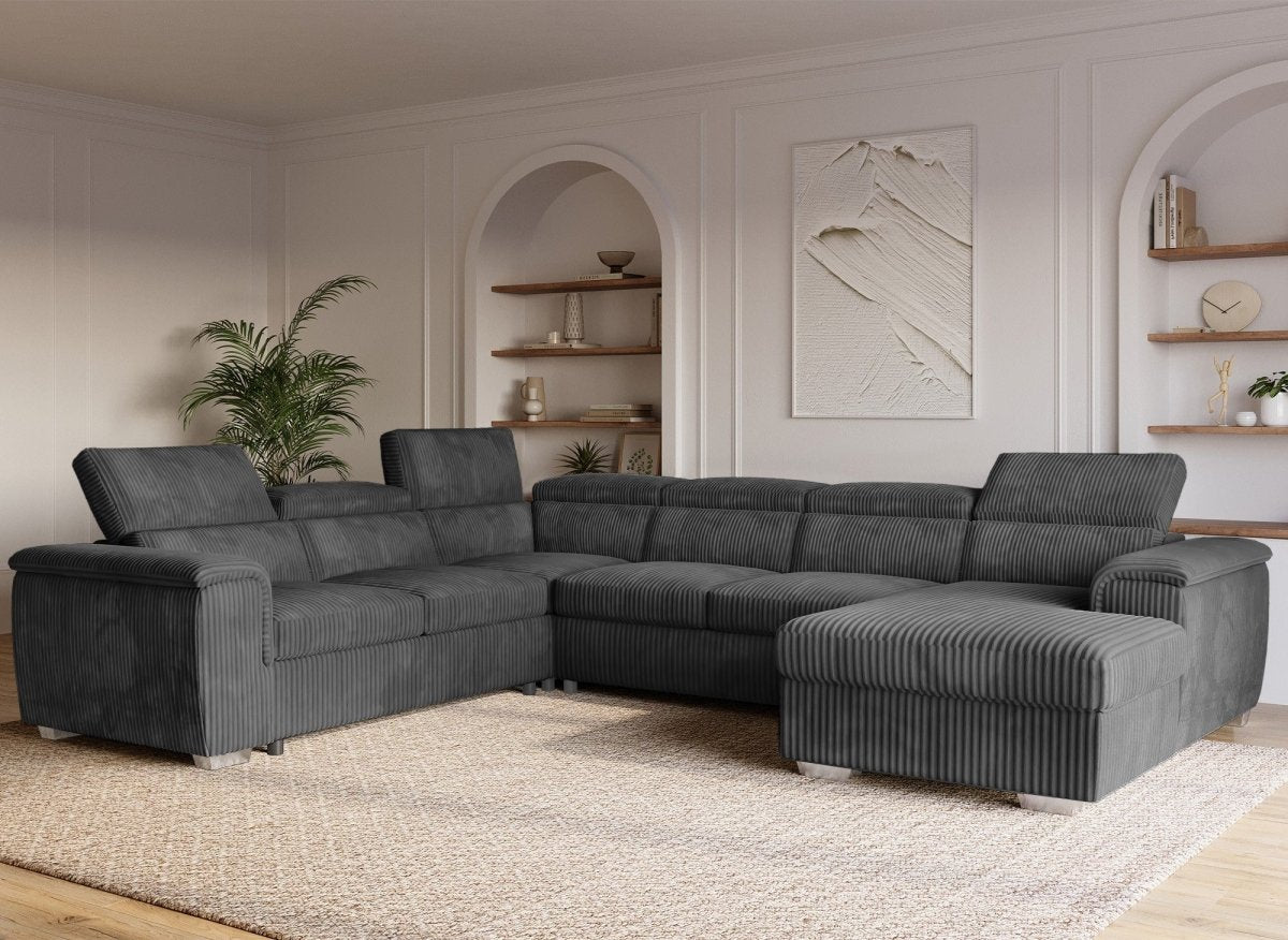 Canapé panoramique convertible avec coffre en velours côtelé épais gris GAELLE - angle droit - DécoInParis