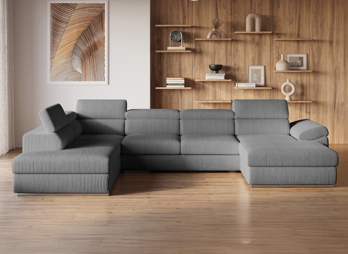 Canapé panoramique convertible avec coffre en velours côtelé épais gris MARIANO - Angle droit - DécoInParis
