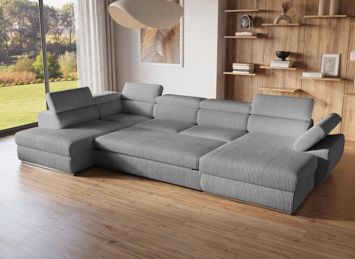 Canapé panoramique convertible avec coffre en velours côtelé épais gris MARIANO - Angle droit - DécoInParis