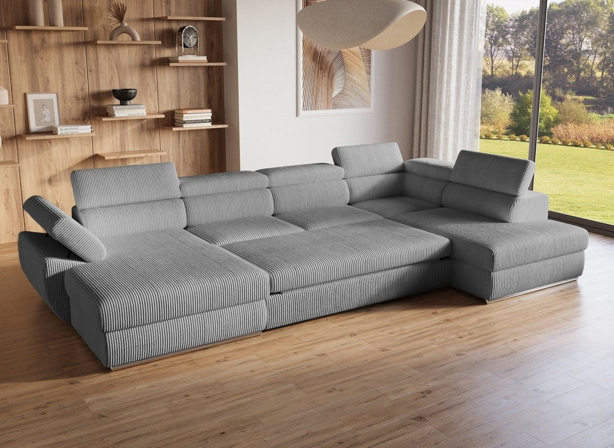 Canapé panoramique convertible avec coffre en velours côtelé épais gris MARIANO - Angle gauche - DécoInParis