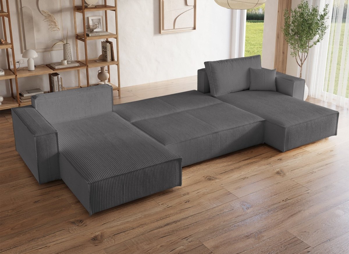 Canapé panoramique convertible avec coffre en velours cotelé gris anthracite - JADE - DécoInParis