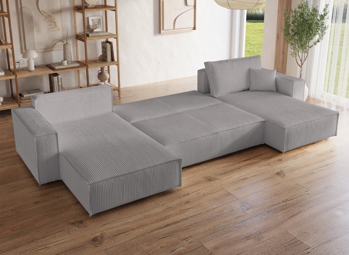 Canapé panoramique convertible avec coffre en velours cotelé gris clair - JADE - DécoInParis