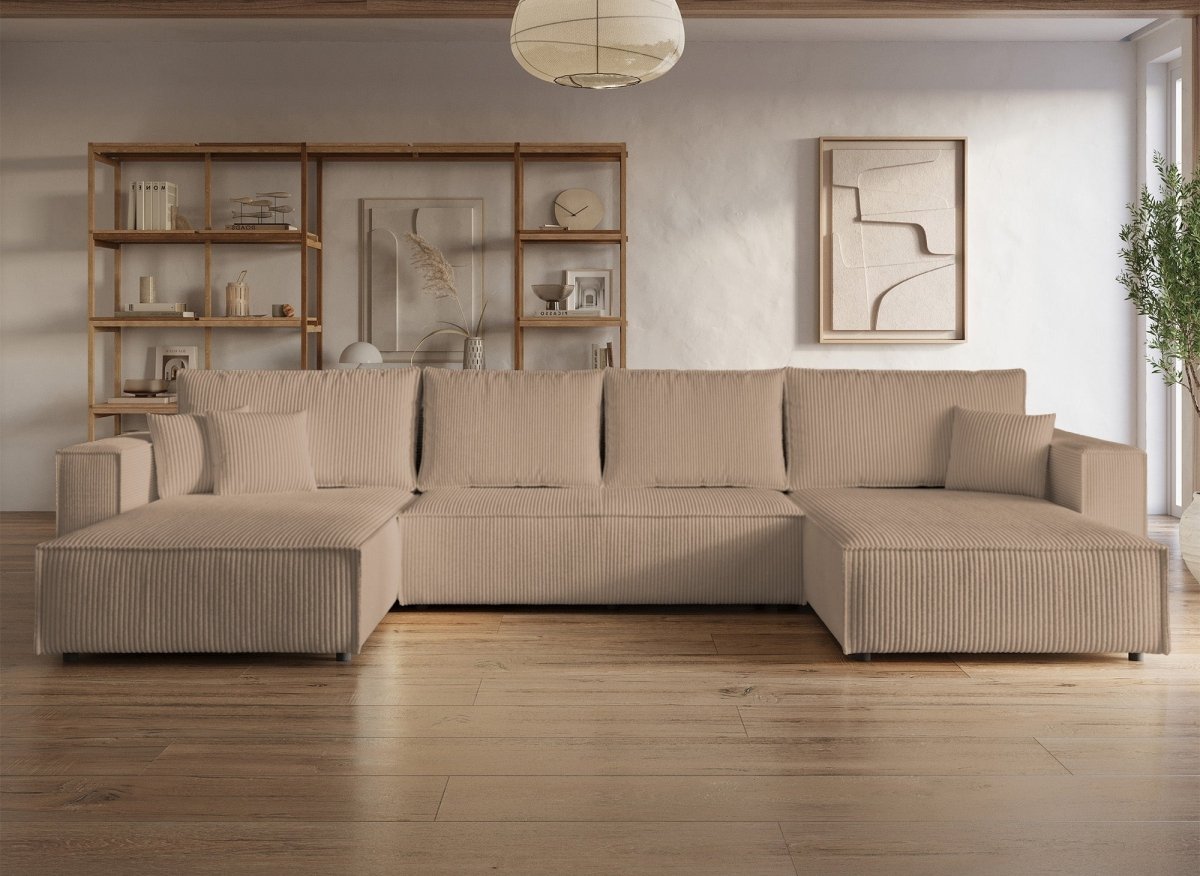 Canapé panoramique convertible avec coffre en velours cotelé moka - JADE - DécoInParis