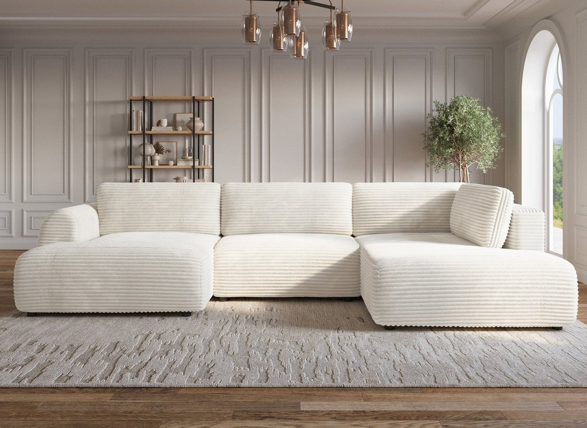 Canapé panoramique convertible avec coffre en velours gros côtelé beige TILDA - Angle droit - DécoInParis