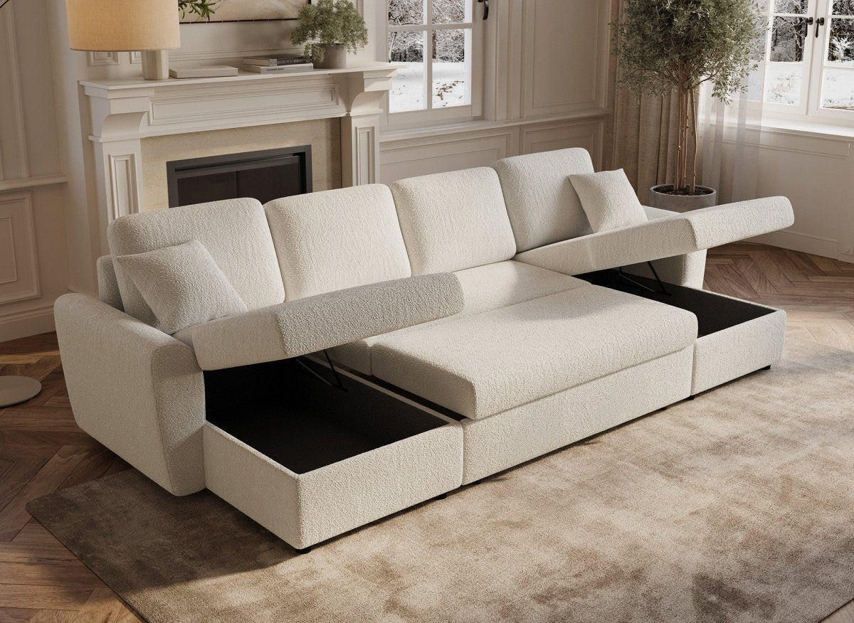 Canapé panoramique convertible avec coffres en tissu bouclette beige ADRYEN - DécoInParis