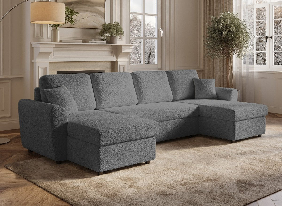 Canapé panoramique convertible avec coffres en tissu bouclette gris ADRYEN - DécoInParis