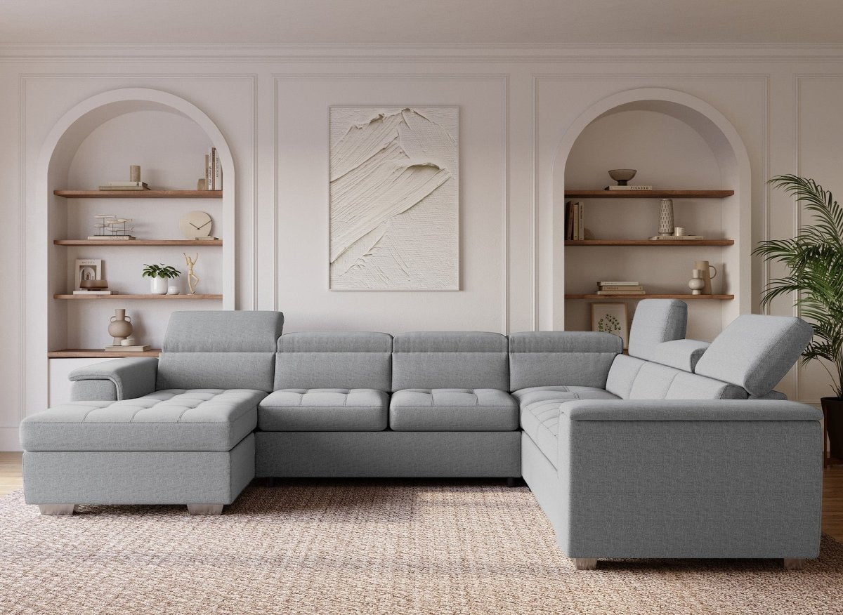 Canapé panoramique convertible coffre de rangement en tissu gris GAELLE - Angle Gauche - DécoInParis