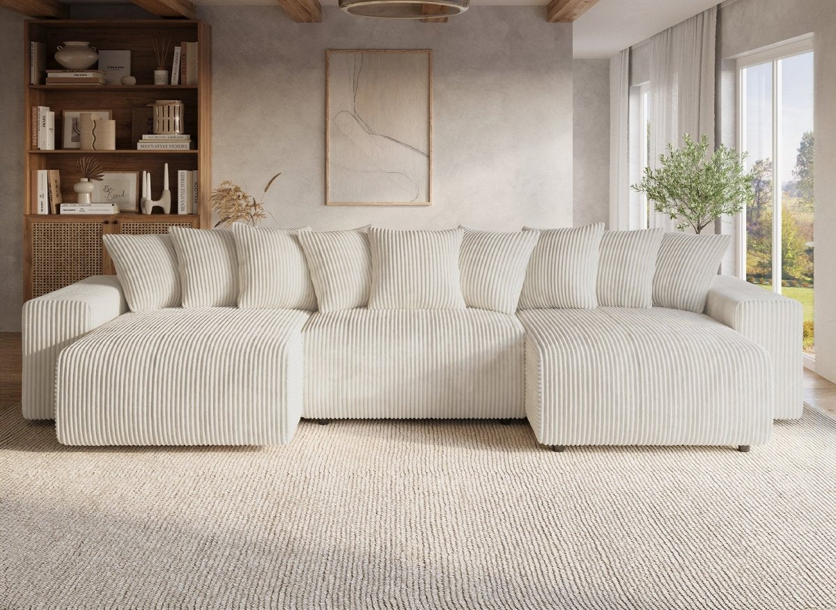 Canapé panoramique réversible convertible avec coffre en velours côtelé épais beige NOELIA - DécoInParis