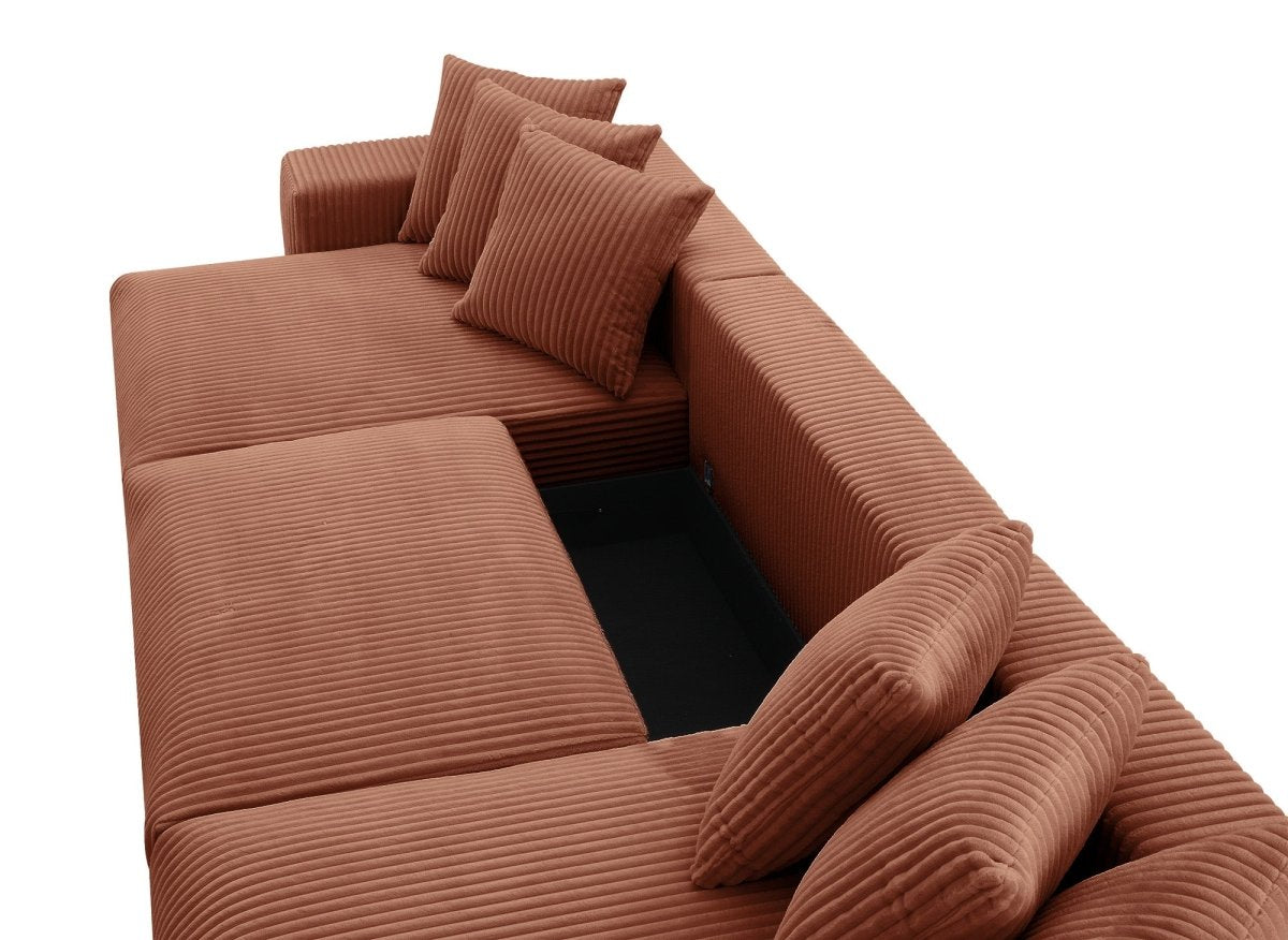 Canapé panoramique réversible convertible avec coffre en velours côtelé épais terracotta NOELIA - DécoInParis