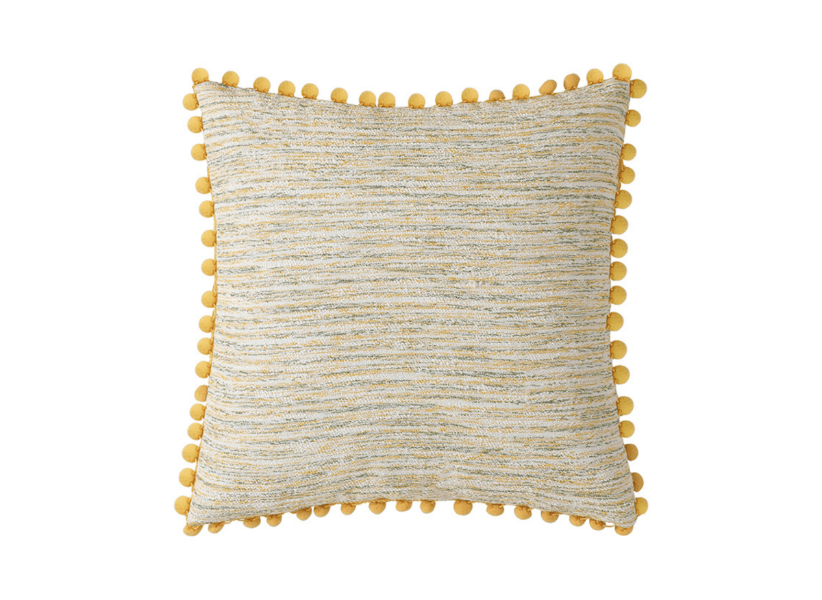 Coussin jaune et beige en tweed avec ponpons 45x45 cm POPINE - DécoInParis