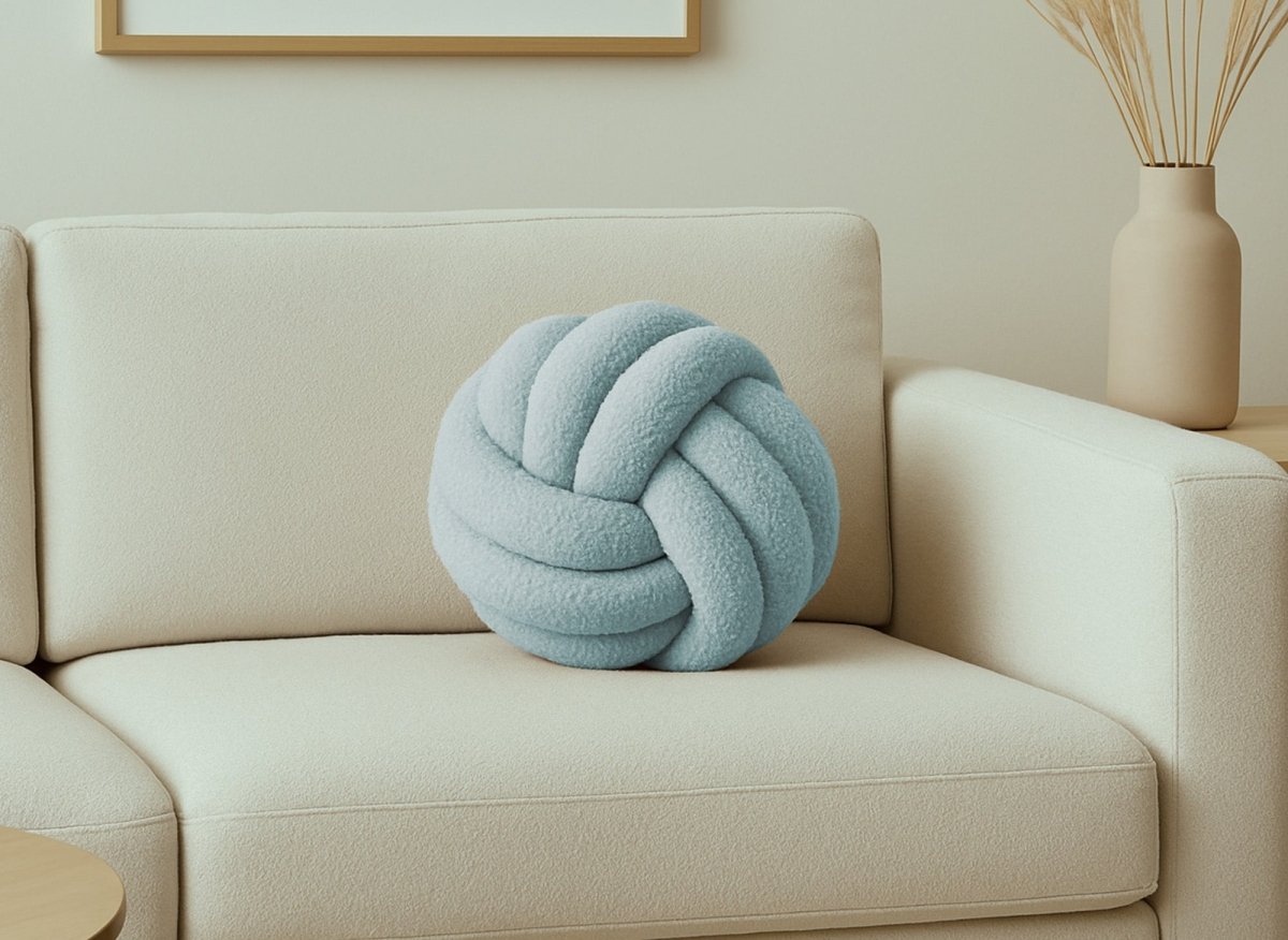 Coussin rond décoratif boule de nœud en effet peau de mouton bleu NODUS - DécoInParis