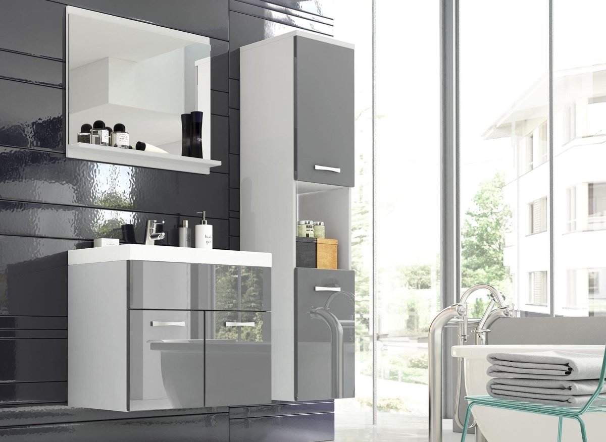 Ensemble meubles salle de bain design suspendu - Blanc et gris laqué HARMONY - DécoInParis