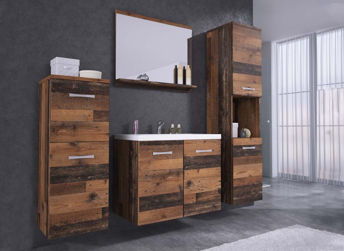 Ensemble meubles salle de bain design suspendu - Effet bois vieilli ALBY - DécoInParis