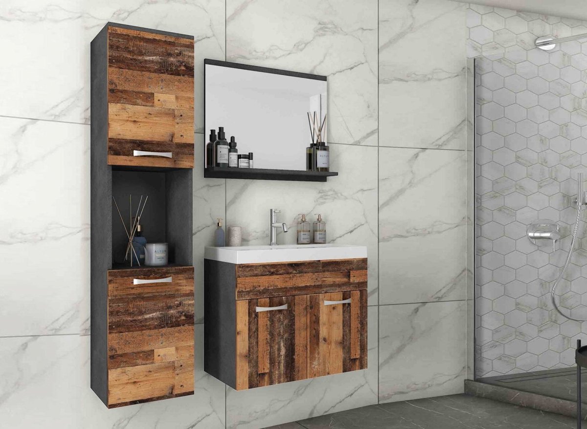 Ensemble meubles salle de bain design suspendu - Gris foncé et chêne vieilli HARMONY - DécoInParis