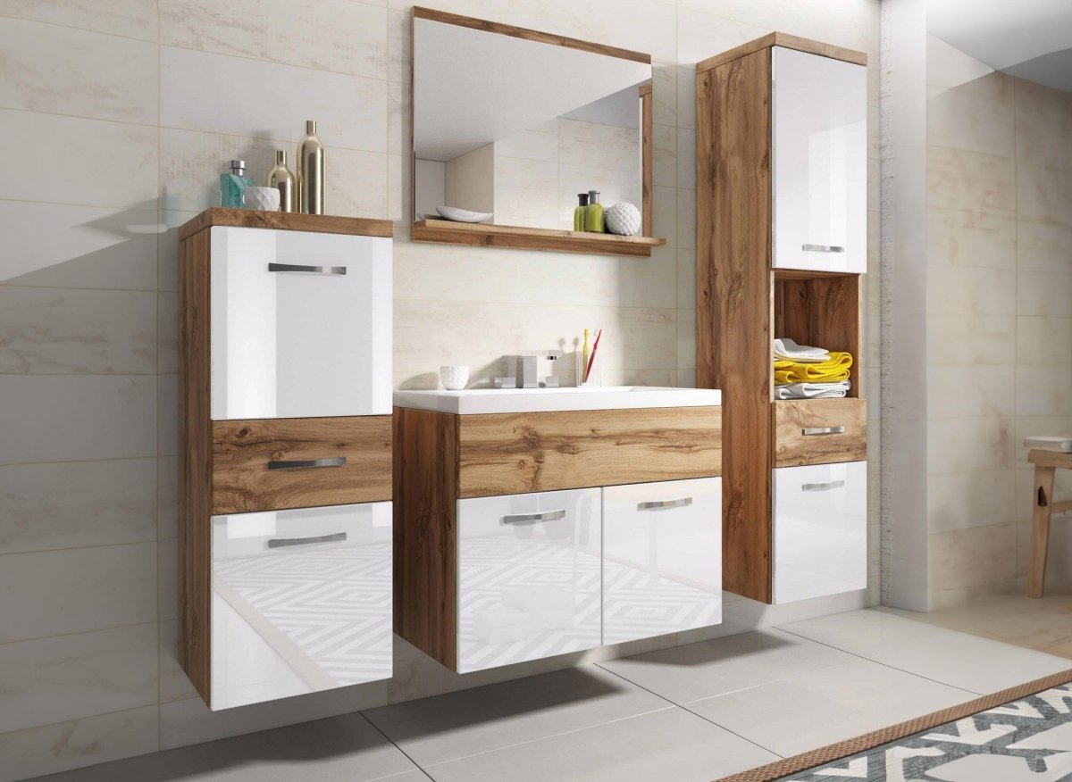 Ensemble meubles salle de bain suspendu - Bois effet vieilli et blanc SHELBY - DécoInParis