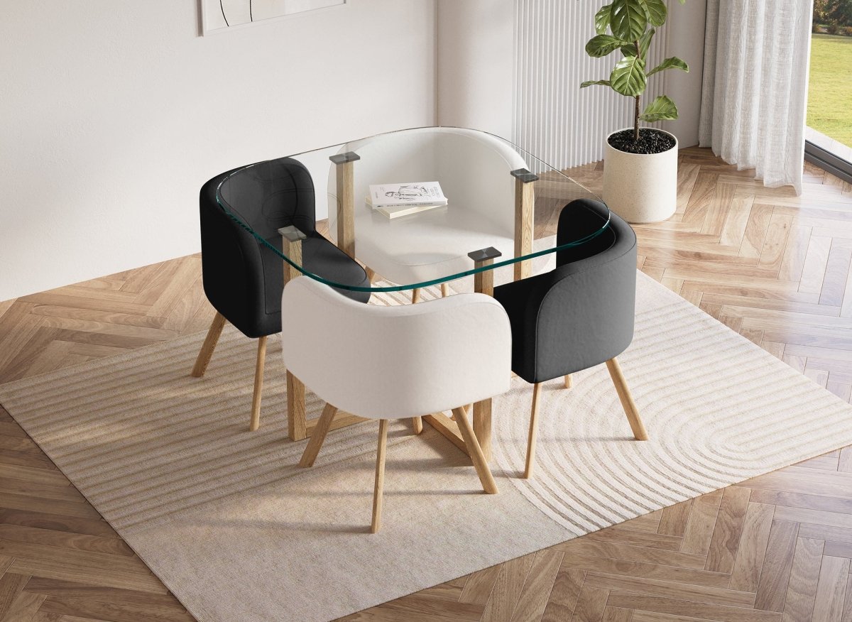 Ensemble table à manger en verre + 4 chaises noires et blanches FLEN - DécoInParis