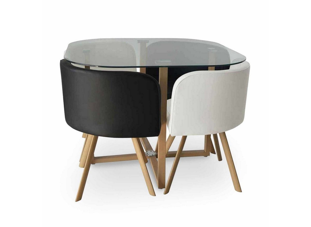 Ensemble table à manger en verre + 4 chaises noires et blanches FLEN - DécoInParis