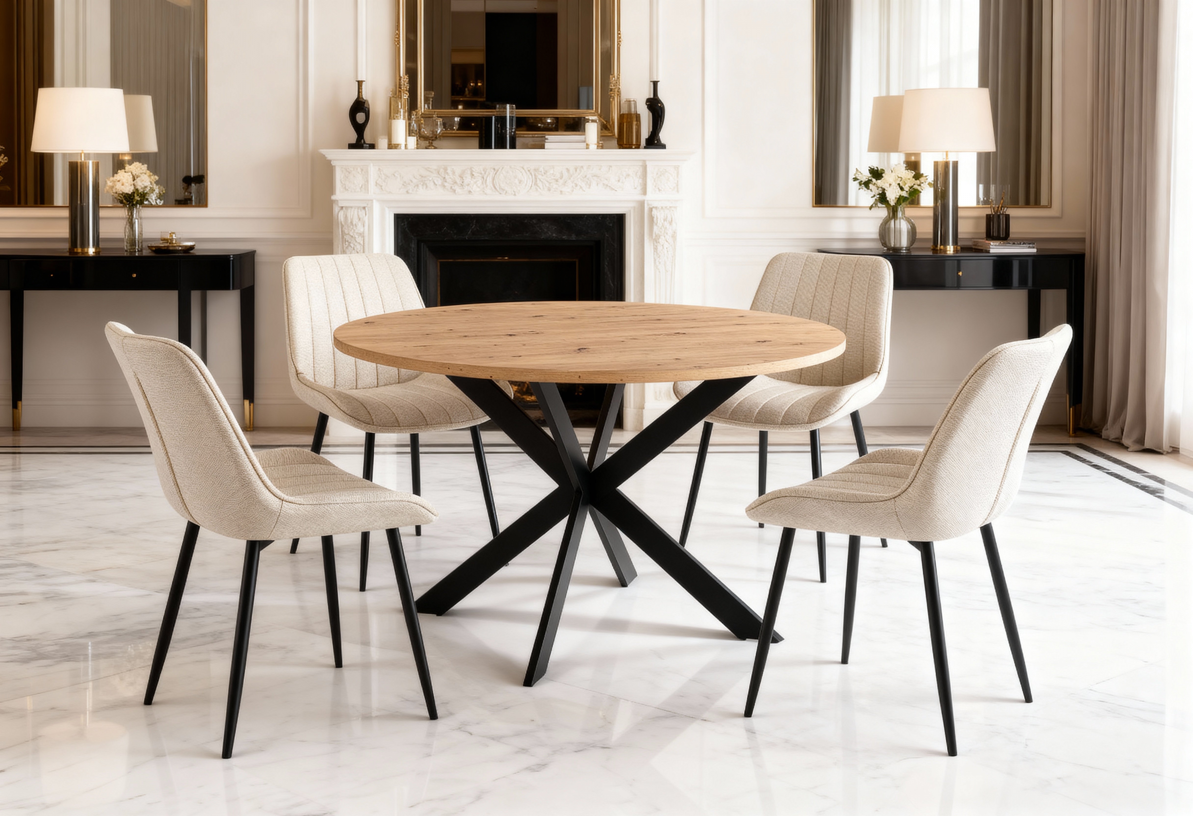 Table à manger ronde plateau effet bois pieds métal noir SINAYA