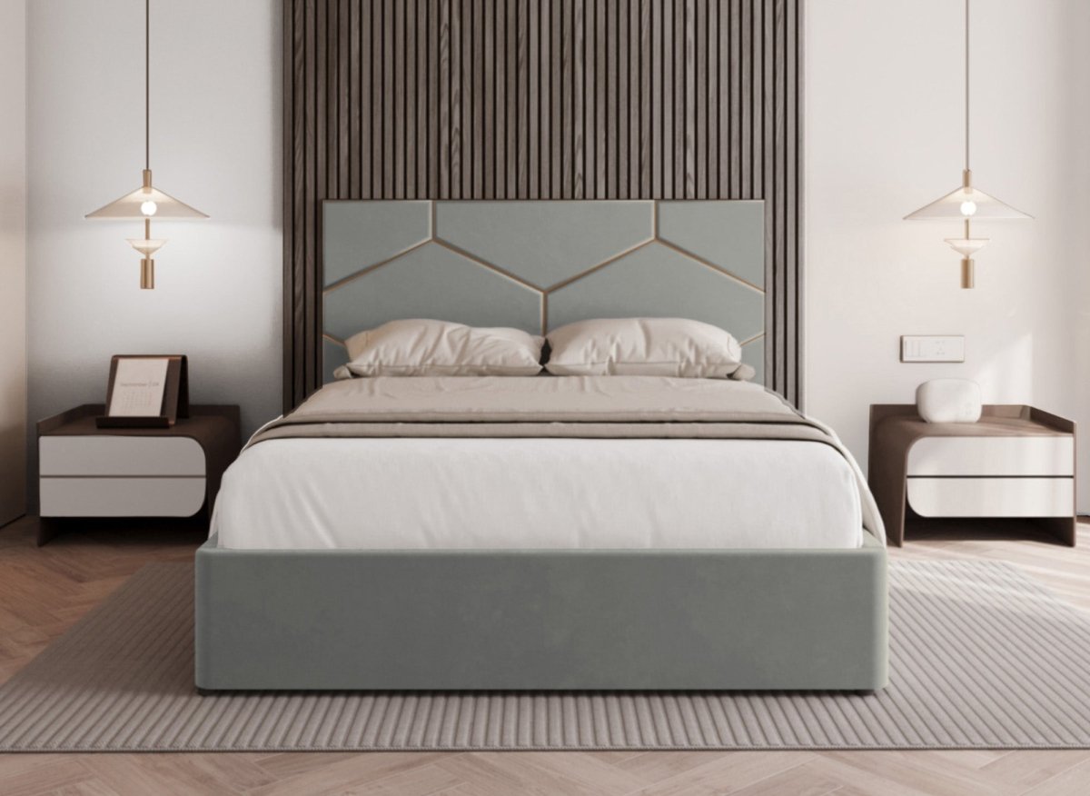 Lit coffre avec tête de lit design en velours gris LARA 180 x 200 cm - DécoInParis