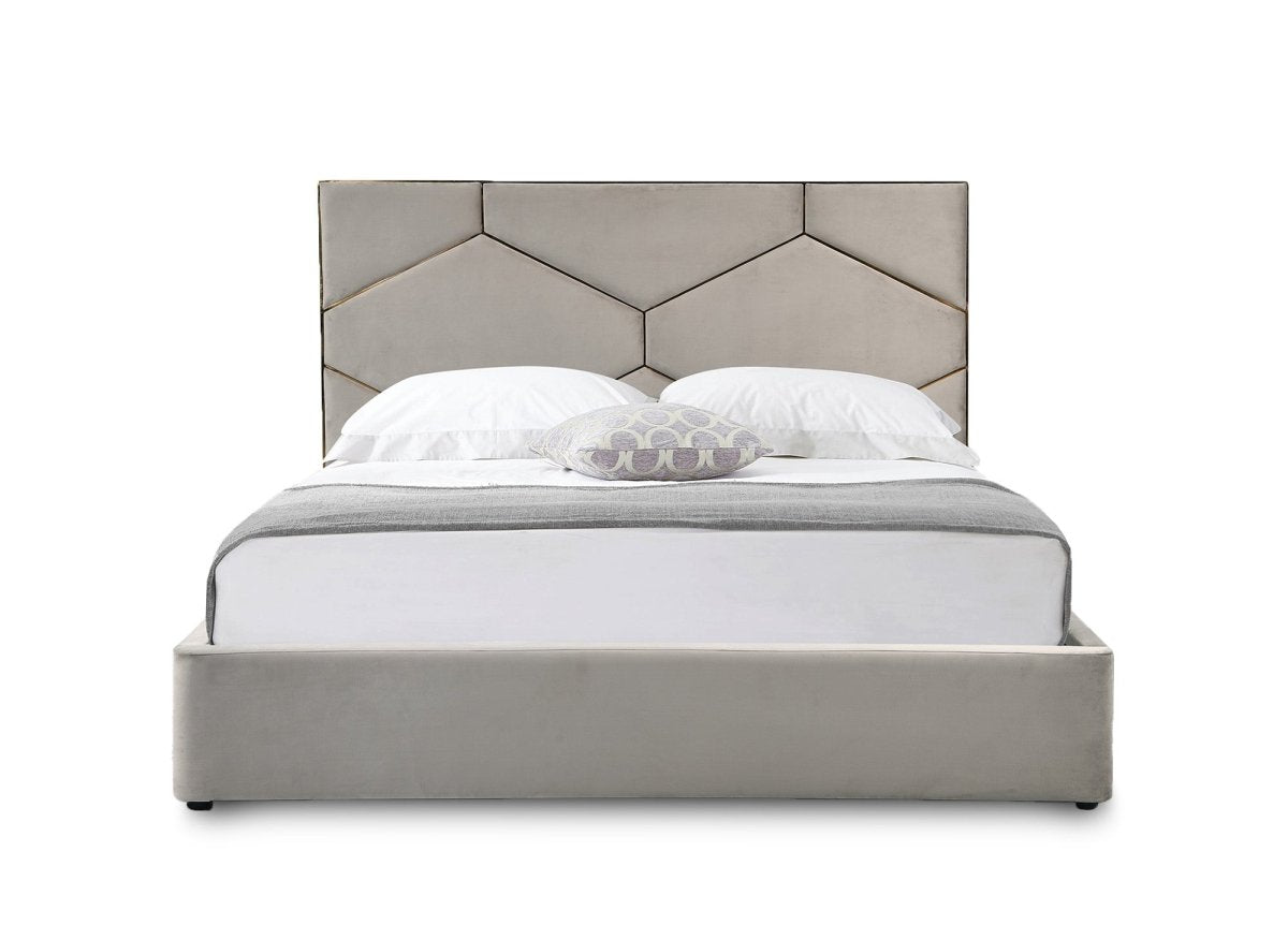 Lit coffre avec tête de lit design en velours taupe LARA 180 x 200 cm - DécoInParis