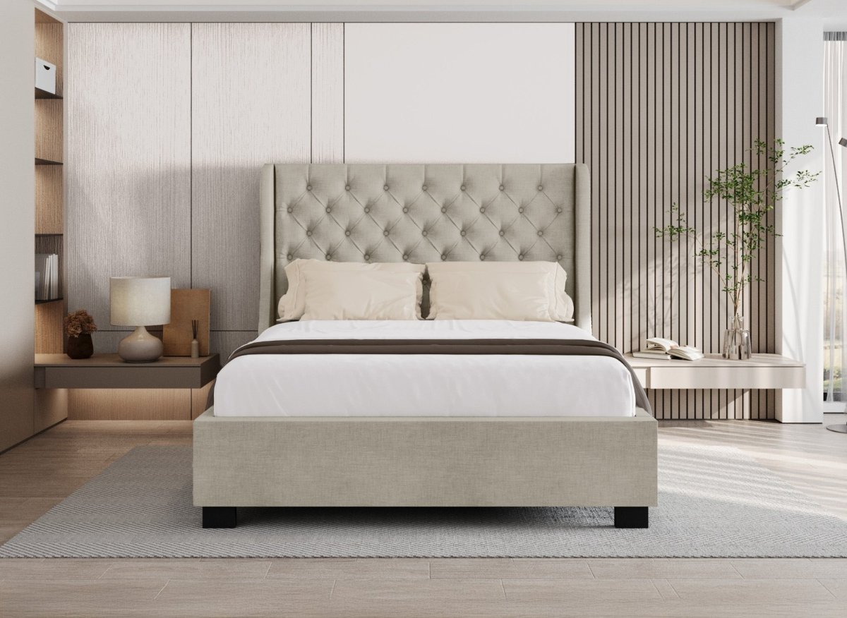 Lit coffre capitonné en tissu lin beige FLORINE 180 x 200 cm - DécoInParis