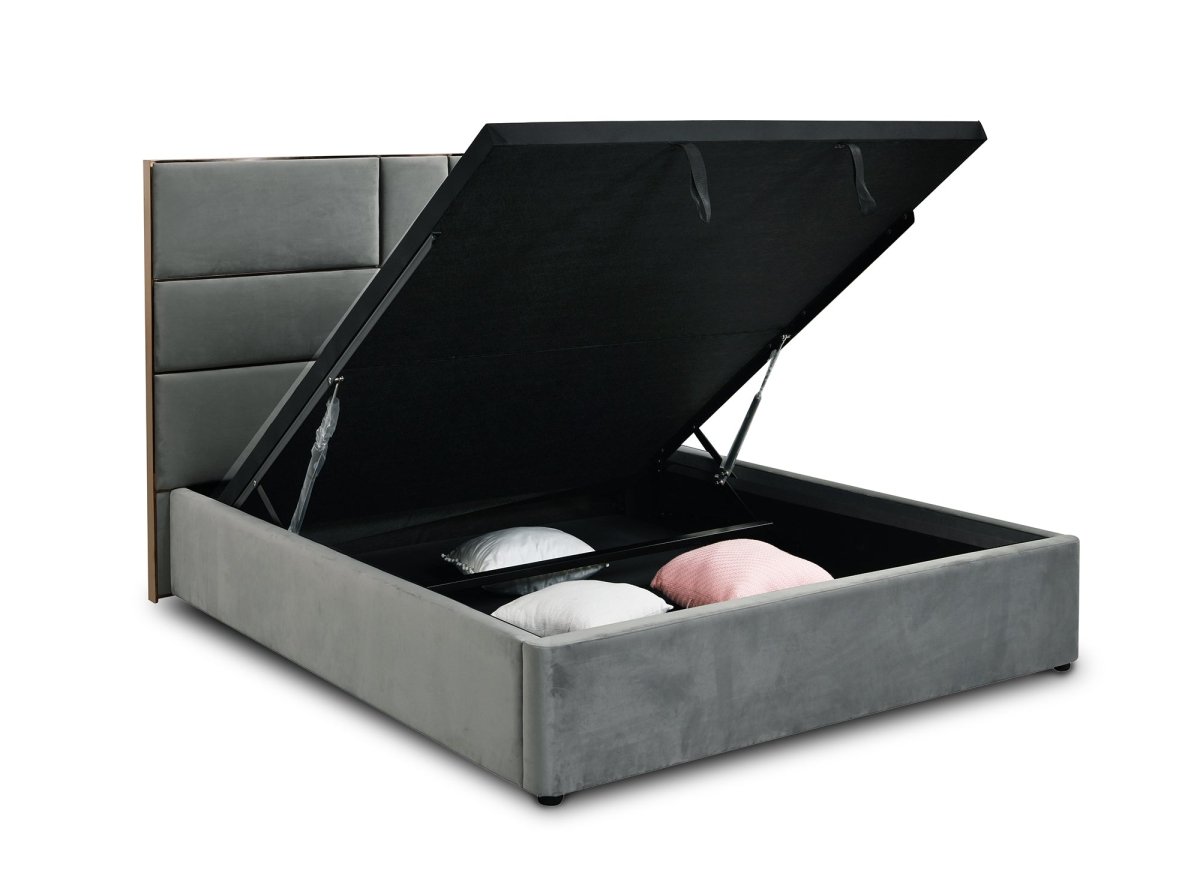 Lit coffre design en velours gris DAVINA 140 x 190 cm - DécoInParis