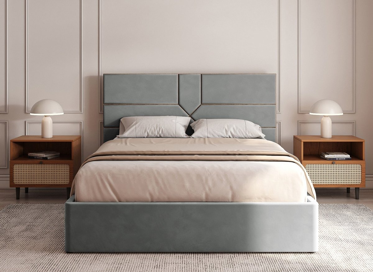 Lit coffre design en velours gris DAVINA 140 x 190 cm - DécoInParis