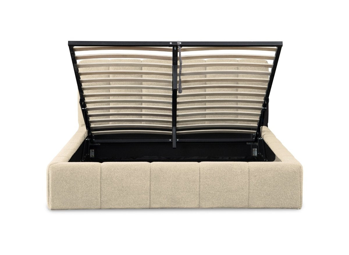Lit coffre en tissu bouclette beige 140x190 cm MILIE - DécoInParis