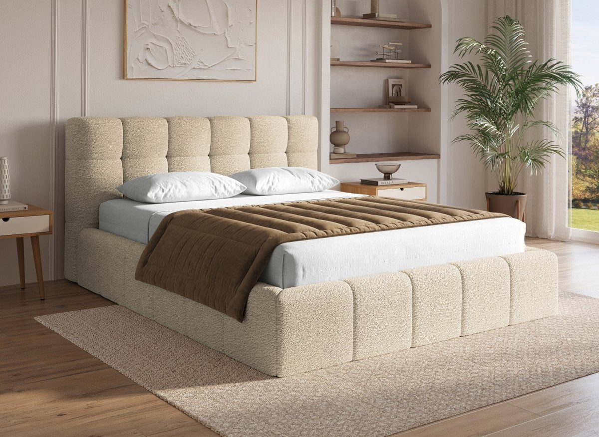 Lit coffre en tissu bouclette beige 140x190 cm MILIE - DécoInParis