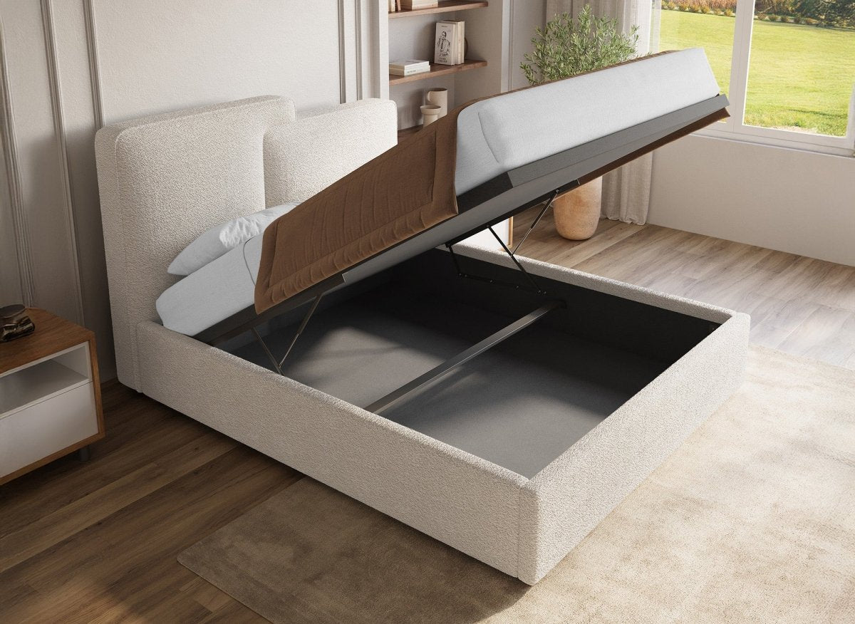 Lit coffre en tissu bouclette beige 140x190 cm ZELIA - DécoInParis